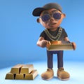 Wealthy black hiphop rapper in baseball cap counts his gold bullion bars, 3d illustration