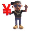 Wealthy black hiphop rapper in a baseball cap holding a japanese or chinese yen yuan currency symbol, 3d illustration
