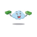 A wealthy blue cloud cartoon character having money on hands