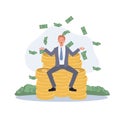 Wealthy Businessman concept. Millionaires. Businessman sitting on stack of coin. Vector Illustration