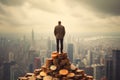 man at the pinnacle of fame and fortune standing on a pile of money as tall as a skyscraper gazing out over the huge city