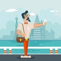 Wealthy Cartoon Hipster Geek Mobile Phone Selfie Businessman Character Icon on Stylish City Background Flat Design