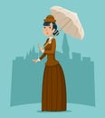 Wealthy Cartoon Victorian Lady Businesswoman Character Icon On Stylish English City Background Retro Vintage Great