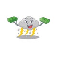 A wealthy cloud stormy cartoon character having money on hands