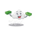 A wealthy cloudy windy cartoon character having money on hands