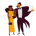 Wealthy elegant african american couple at a dinner party, flirting. A large man with a glass of champagne, a petite