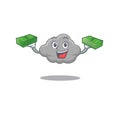 A wealthy grey cloud cartoon character having money on hands