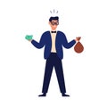 Wealthy happy man holding banknote, money bag and financial accumulation, income profit. Save cash, savings concept Royalty Free Stock Photo