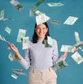 Wealthy, rich and money rain or falling from the sky for financial success and growth. Portrait of a successful, happy Royalty Free Stock Photo