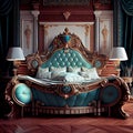 Wealthy rich room. Glamorous, elegant baroque dream bedroom design interior. Turquoise, blue colour, no people. white
