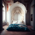 Wealthy rich room. Glamorous, elegant baroque dream bedroom design interior. Turquoise, blue colour, no people. white