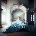 Wealthy rich room. Glamorous, elegant baroque dream bedroom design interior. Turquoise, blue colour, no people. white