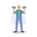 Wealthy Senior Enjoying Financial Success. Full Length Illustration of Elderly man Holding Money Fan