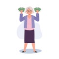 Wealthy Senior Enjoying Financial Success. Full Length Illustration of Elderly Woman Holding Money Fan