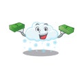 A wealthy snowy cloud cartoon character having money on hands