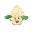 A wealthy vanilla ice cream cartoon character having money on hands Royalty Free Stock Photo