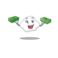 A wealthy white cloud cartoon character having money on hands