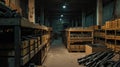 Weapon in dark military store, wooden boxes of guns inside warehouse. Illegal smuggle arsenal of firearm. Concept of war, industry