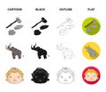 Weapon, hammer, elephant, mammoth .Stone age set collection icons in cartoon,black,outline,flat style vector symbol