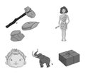 Weapon, hammer, elephant, mammoth .Stone age set collection icons in monochrome style vector symbol stock illustration