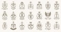 Weapon logos big vector set, vintage heraldic military emblems collection, classic style heraldry design elements, ancient knives Royalty Free Stock Photo