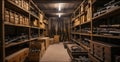 Weapon in military store, wooden boxes of guns inside dark warehouse. Illegal smuggle arsenal of firearm. Concept of war, industry