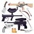 Weapon Set Vector. Weapons Icons. Pistol, Shotgun, Knife, Bow. Cartoon Isolated Illustration