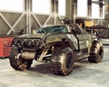 Weaponized off road combat vehicle stored inside an industrial hangar.