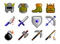 Weapons, armor and tools pixel art set. Game assets vector illustration, editable