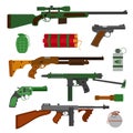 Weapons guns collection. Pistols, revolver, submachine gun