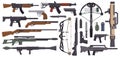 Weapons guns. Military weapons, gun pistol, crossbow, knives, grenade and machine gun, automatic firearm supplies vector