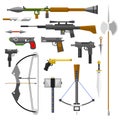 Weapons guns pistols submachine assault rifles sniper knife handgun bullets icons illustration.