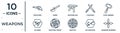 weapons linear icon set. includes thin line revolvers, machine gun, thor hammer, shooting target, no shooting, japanese shuriken,