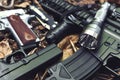 Weapons and military equipment for army, Assault rifle gun (M4A1) and pistol on camouflage background. Royalty Free Stock Photo
