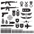 Weapons and military set. Sub machine guns, pistol and bullets black icons isolated on white background. Symbolics and badge for a