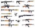 Weapons set. Kalashnikov rifle. Gun set. RPG. Arsenal set. Sniper scope rifle. Firearms. Assault rifles. Gun for self defense. Royalty Free Stock Photo