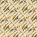 Weapons guns pistols submachine assault rifles seamless pattern background handgun bullets vector illustration.
