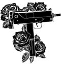 black silhouette of weapont Uzi with roses vector illustration