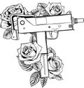draw in black and white of weapont Uzi with roses vector illustration