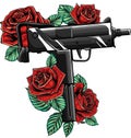 weapont Uzi with red roses vector illustration
