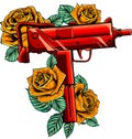 weapont Uzi with red roses vector illustration