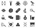 Wear. Bioengineering glyph icons set. Biotechnology for health, researching, materials creating. Molecular biology, biomedical and Royalty Free Stock Photo