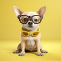 dog chihuahua portrait pet cute cool glasses puppy yellow animal background. Generative AI. Royalty Free Stock Photo