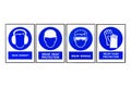 Wear earmuffs or earplugs, Wear head protection, Wear goggles,Wear hand protection, Blue and white Safety signs Royalty Free Stock Photo