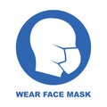 Wear face mask blue sign. Silhouette of head with medical mask on face in red circle. Vector Illustration.