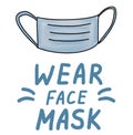 Wear a face mask. Icons trendy color doodles isolated on a white background, lettering, calligraphy, blue text.