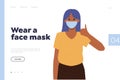 Wear face mask motivational phrase landing page template with happy young woman gesturing thumbsup