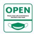 Wear face mask. Open sign on the front door. Come in we are Open Royalty Free Stock Photo