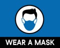 Wear A FACE Mask Symbol Sign. Safety sign on blue background .