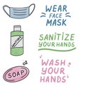 Wear a face mask. Wash your hands. Sanitize your hands. Icons trendy color doodles isolated on a white background, lettering,